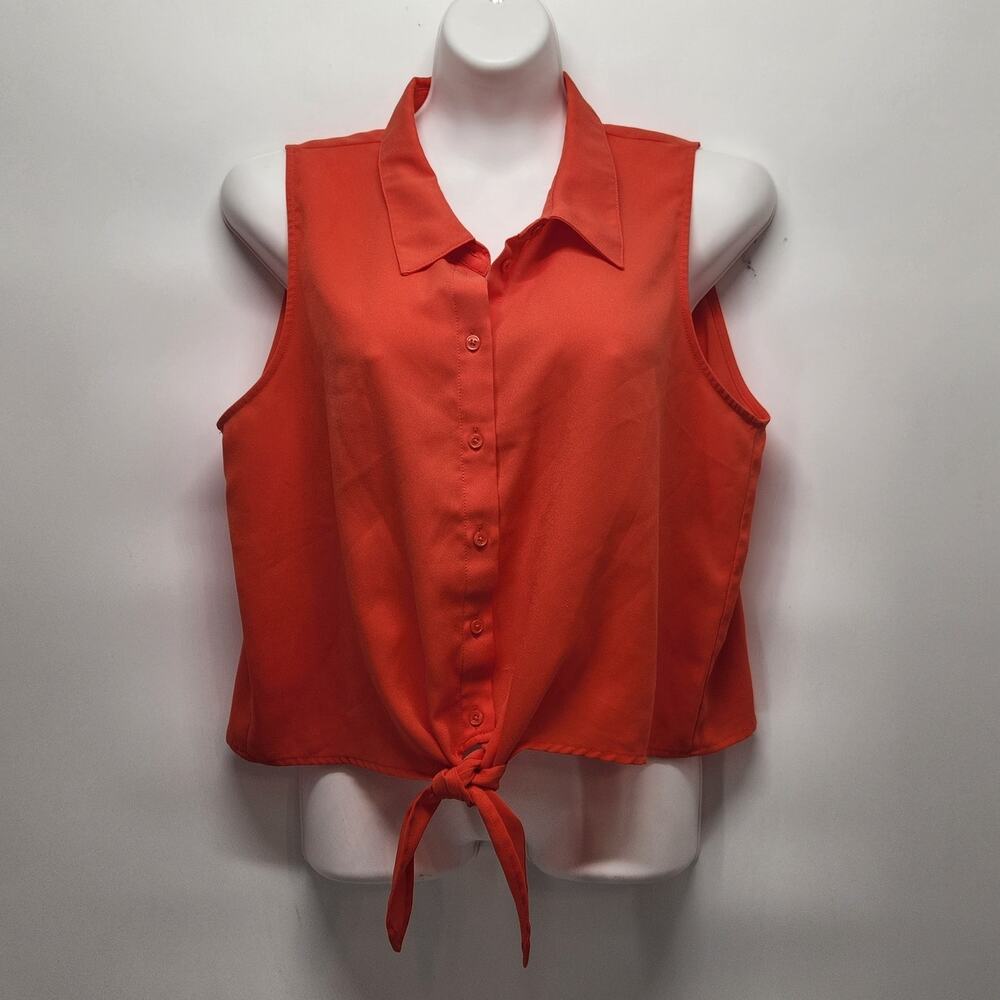 Alex Marie Orange Button Down Tie Waist Sleeveless Blouse Women's‎ L